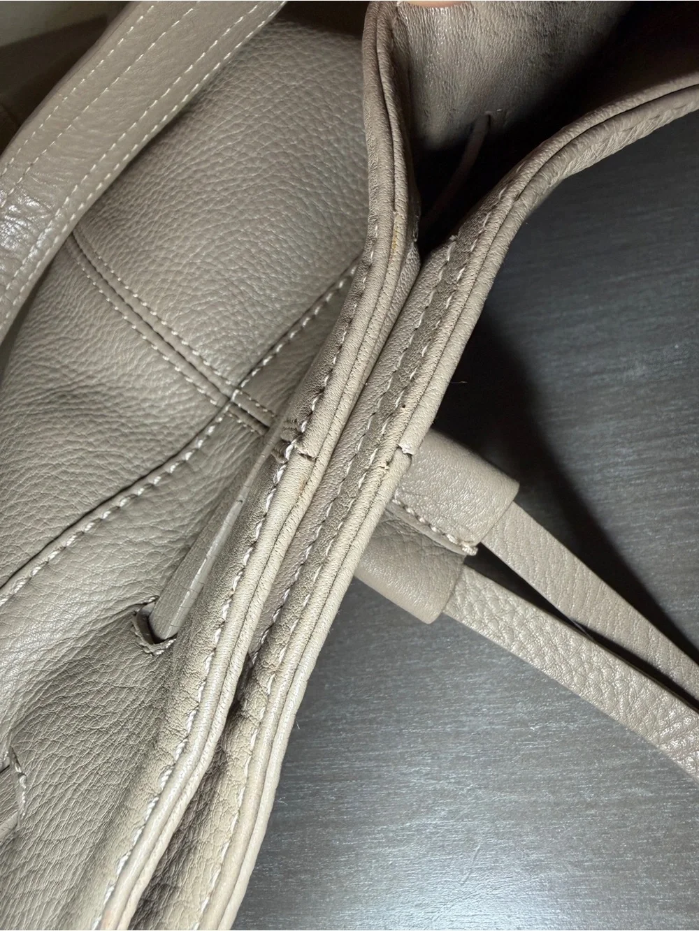 J. Jill Taupe Pebbled Leather Drawstring Bucket Bag Shoulder Purse Handbag